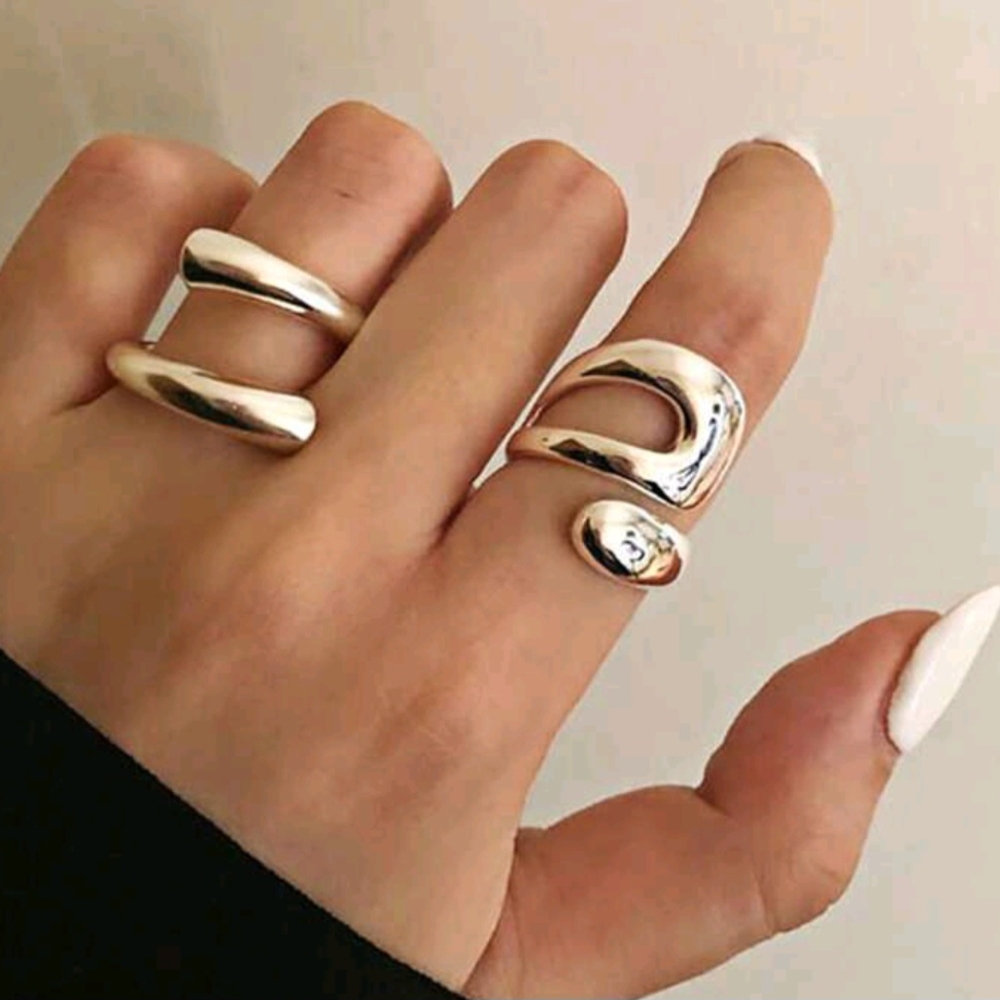 Silver Tone Minimalist & Sculptural 2 Piece Adjustable Ring Set